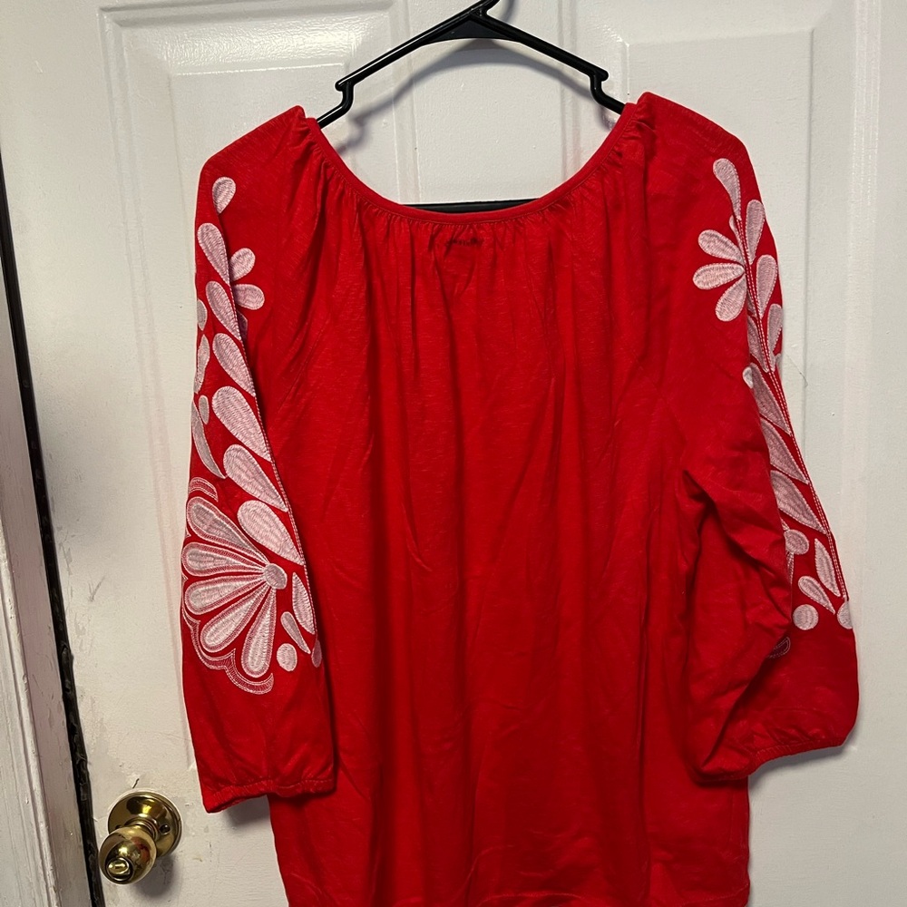 Talbots Red Blouse with White Embroidery see note - Picture 4 of 5